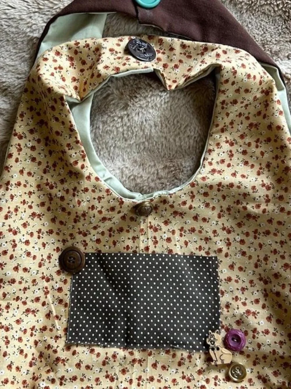 Cream Floral Brown Polka Dot Pocket Shoulder Bag | Handmade Upcycled One of One